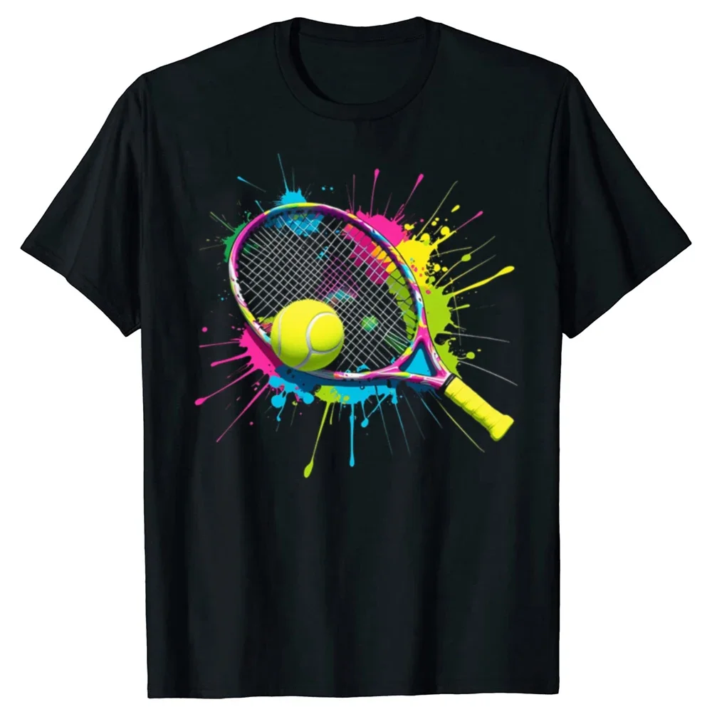 

Colorful Paint Splatter Tennis Racket and Ball Graphic T-Shirt Breathable Cotton Short Sleeve Tee for Men