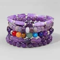 Natural Amethysts Quartz Stone Beads Bracelet Purple Energy Stone Healing Bracelets Men Women Health Therapy Stretch Jewelry