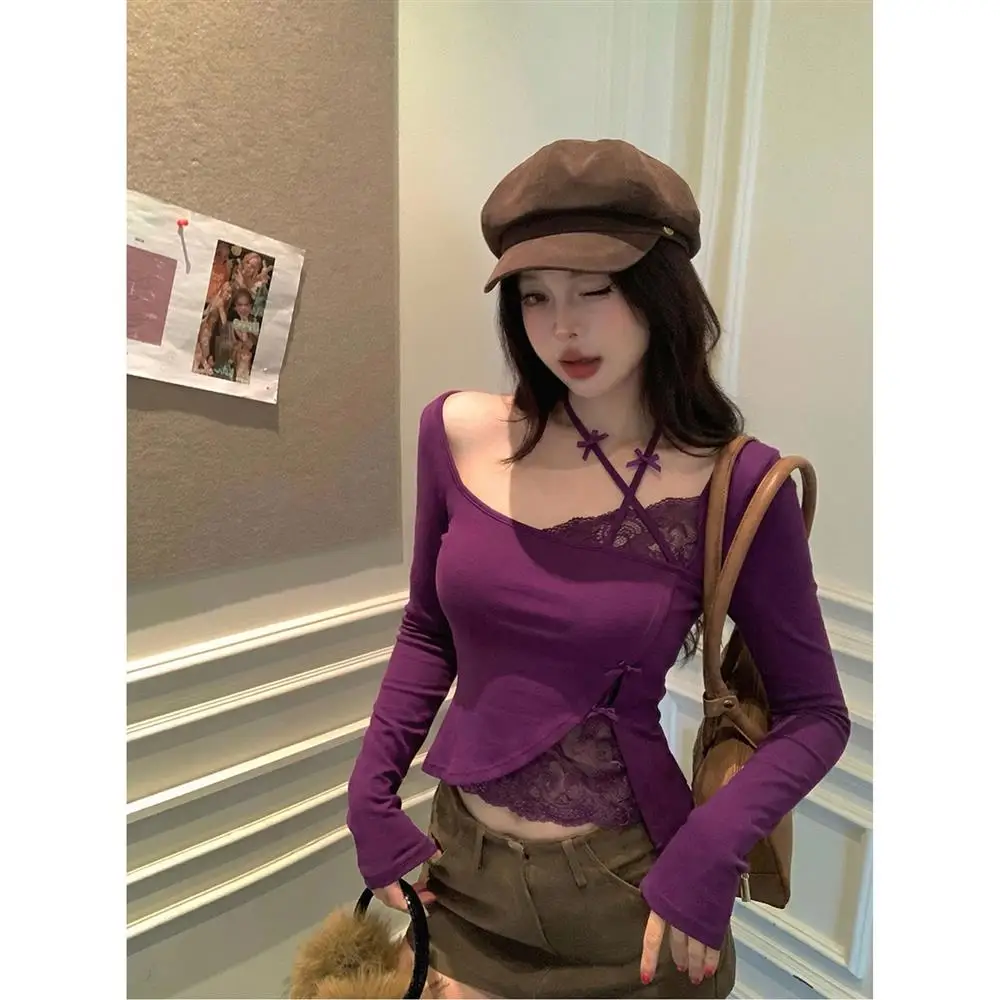 Black Strawberries Lace Splicing Flocking Women's T-shirt Autumn Purple Inner Wear Slim Fit Waist Cinched Base Pure Desire Style