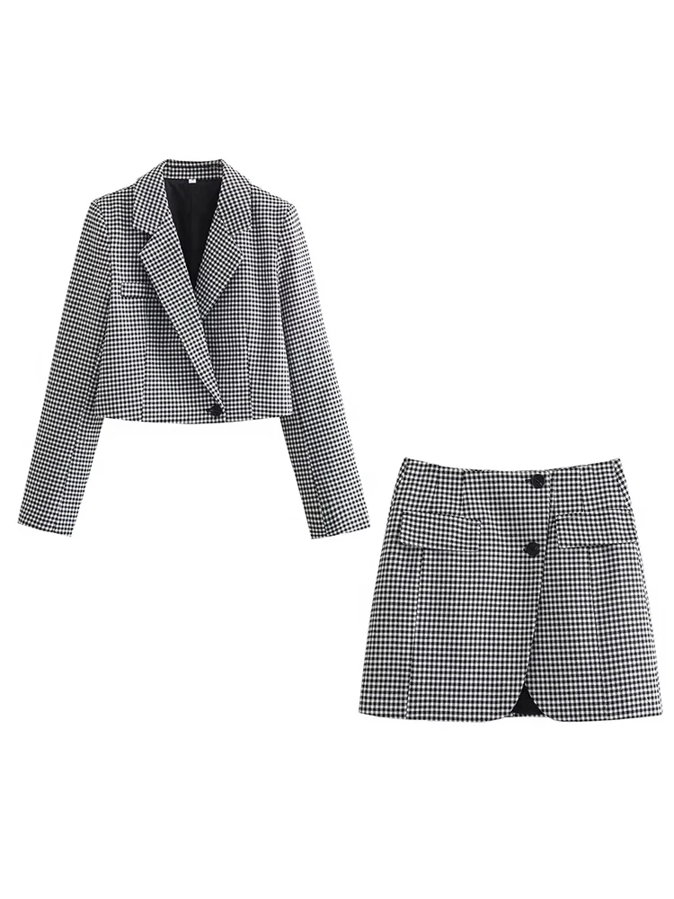 Traf Houndstooth Jacket Coats Set For Women Female Vintage Plaid Jacket Skirt Sets Y2k Shorts Sets Cropped blazer Skirts Suits