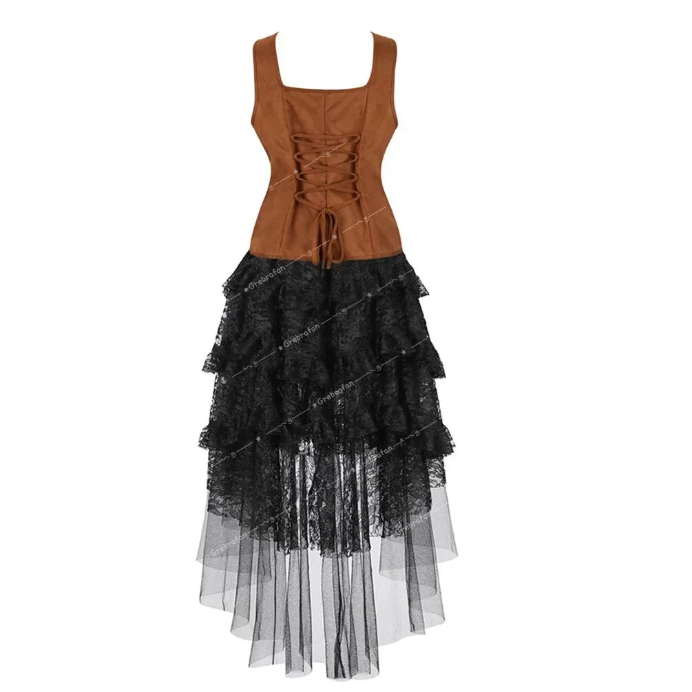 Women Steampunk Corset Skirt Pirate Bustier with Gothic Tulle Corsets Halloween Costumes Renaissance Costume Viking Outfits