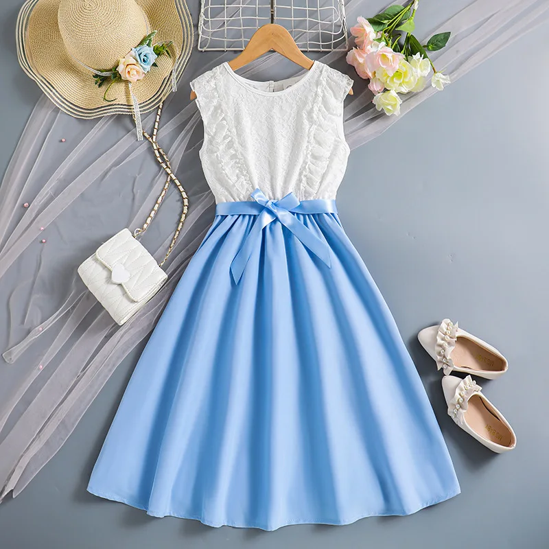 

2024 Summer New Arrival Girls Sleeveless O Neck Patchwork Sashes Blue Roupa Infantil Menina Cute Party Dress Custume 8-12T