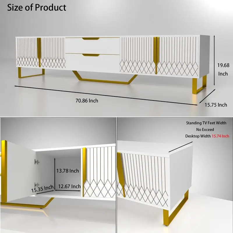 وحدة تحكم تلفزيون حديثة مع خزائن تخزين، حامل تلفزيون بتصميم منحوت بأرجل معدنية، مركز ترفيه بمساحة تخزين كبيرة