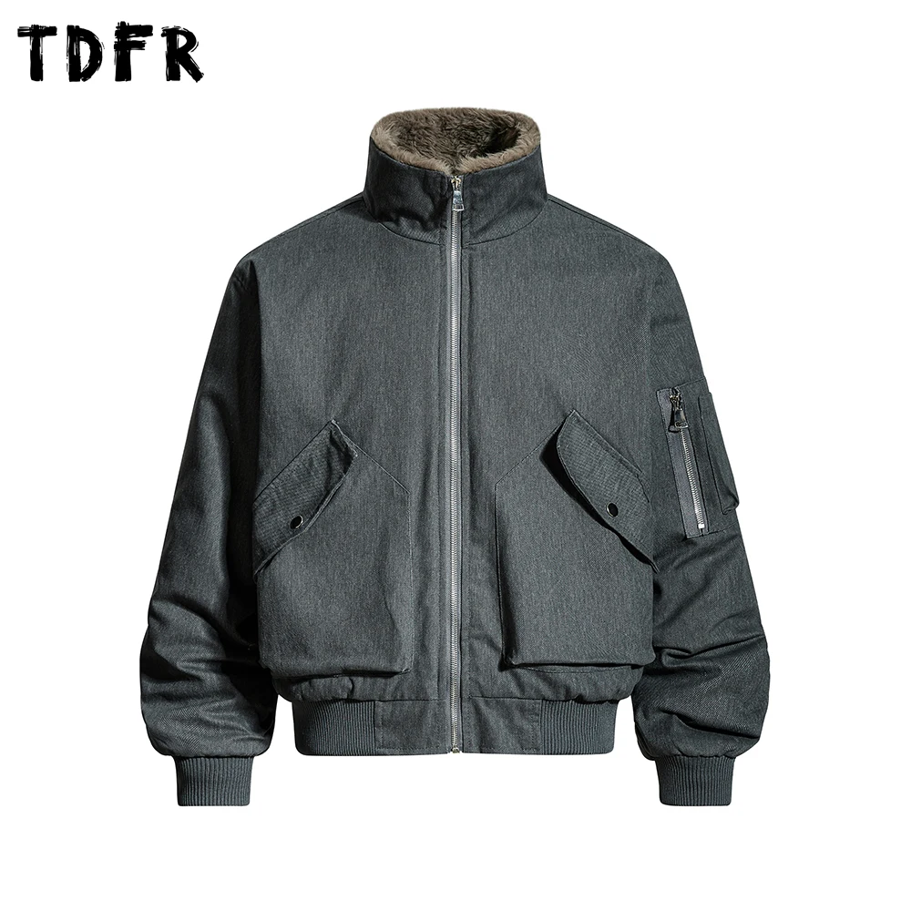 

Pocket Ma-1 Bomber Padded Jacket Mens Solid Color Winter Thick Safari Style Stand Collar Long Sleeve Outerwear Man