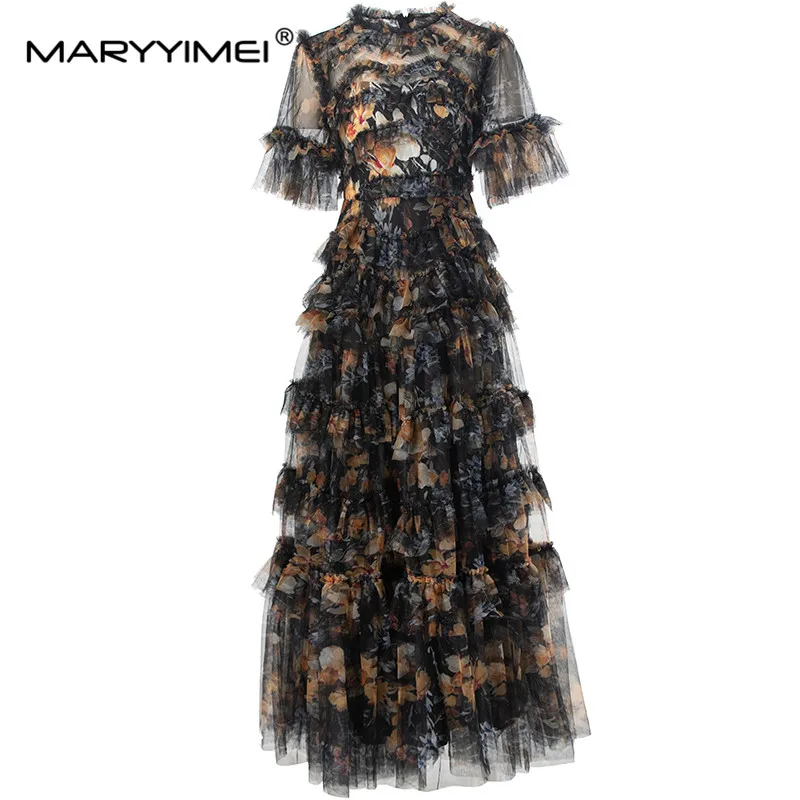 

MARYYIMEI Summer Women's Dress Flare Sleeved High Waiste Vintage Print Edible Tree Fungus Edge Elegant Party Ball Gown Dresses