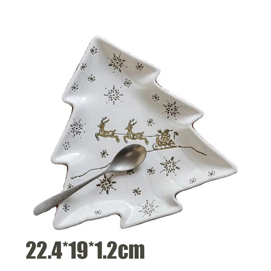 Platinum Christmas Dinner Plate Ceramic Candy Dessert Dish Display Tray for Holiday Christmas Day Santa Claus Pine Tree Plate