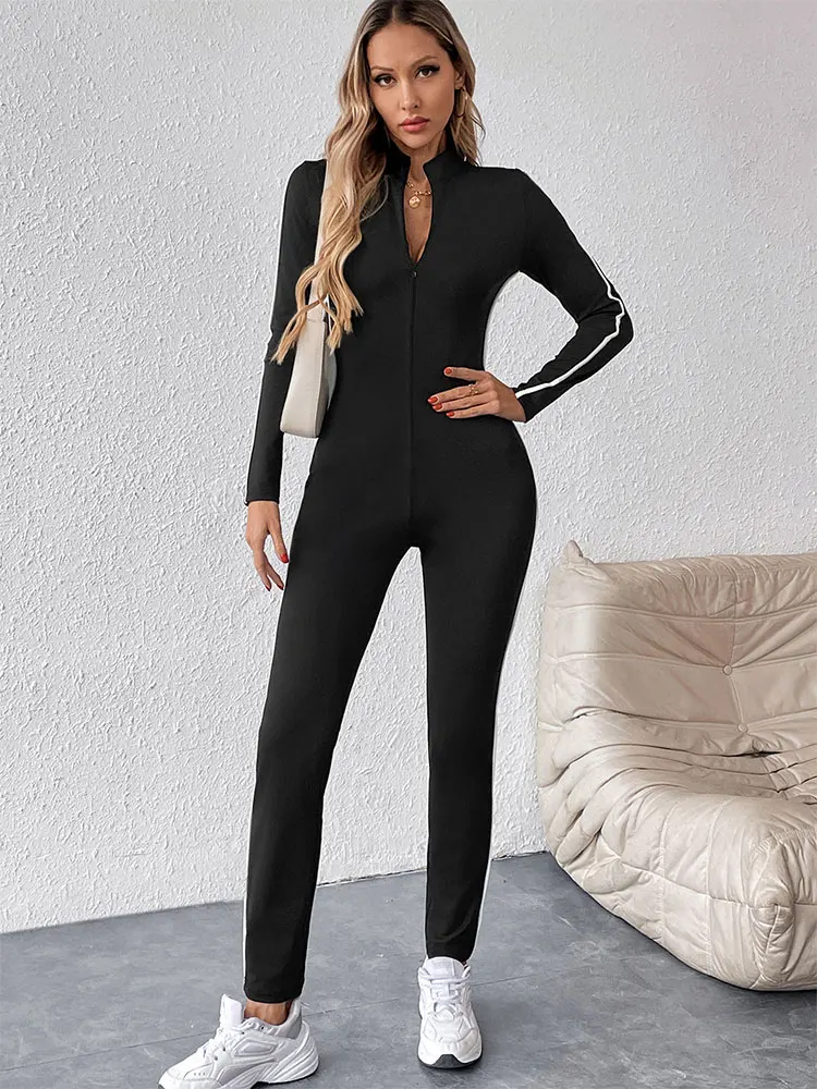 GELITAYIN Jesień Nowy Damski Kombinezon Streetwear Moda Zamki Błyskawiczne Paski Długi Rękaw Romper Czarny Sexy Casual Wyszczuplający Elegancki Damski