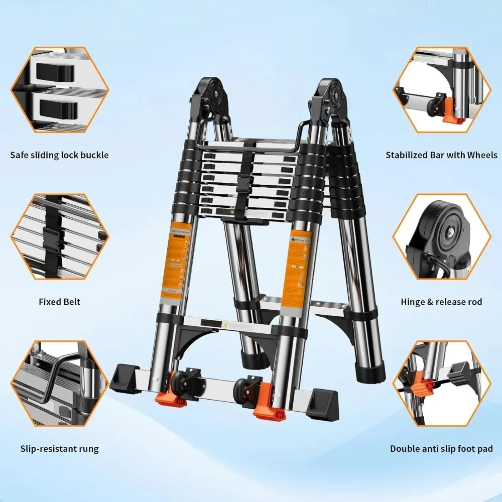 Deliladder Telescoping Aluminum Step Ladder 12.5 Ft Extension Ladder Balance Bar Wheels 2 Triangle Stabilizers 330 lb Capacity