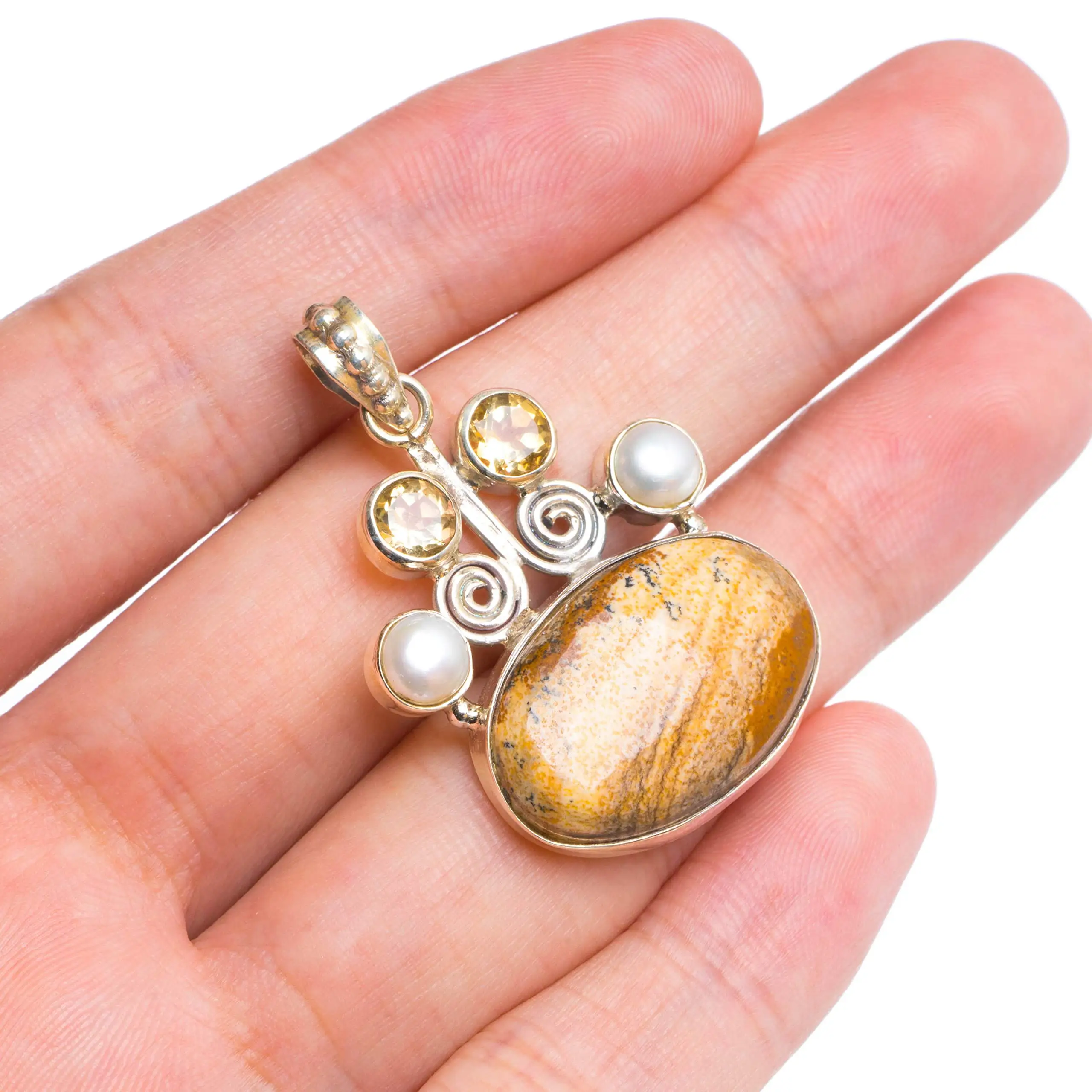 

StarGems® Natural Picture Jasper,River Pearl and Citrine Handmade Unique 925 Sterling Silver Pendant 1.5" B3052