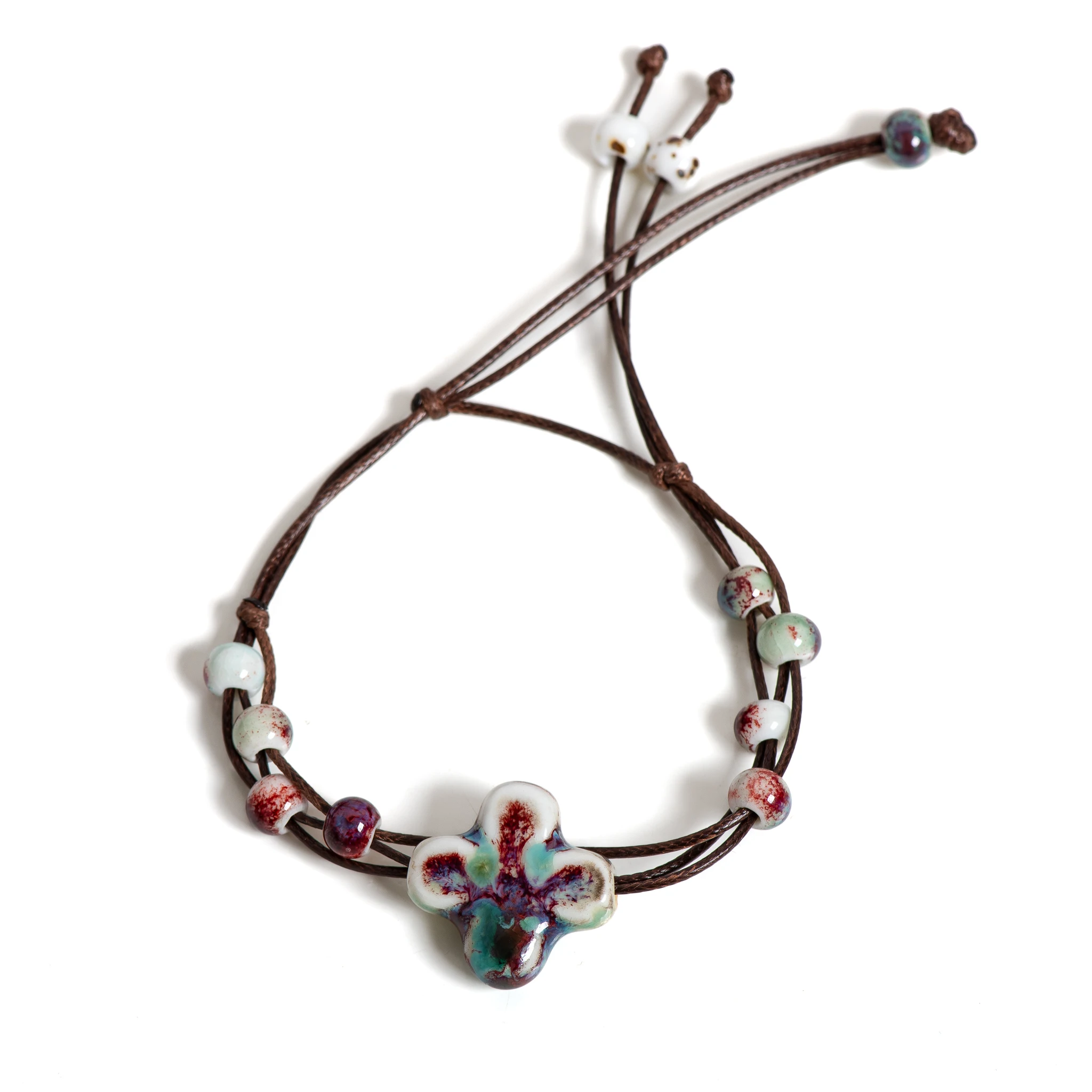 Handcrafted Adjustable Ceramic Floral Charm Bracelet Women Waxed Rope Jewelry Unique Gift Fashion Accessories Boho Style 145