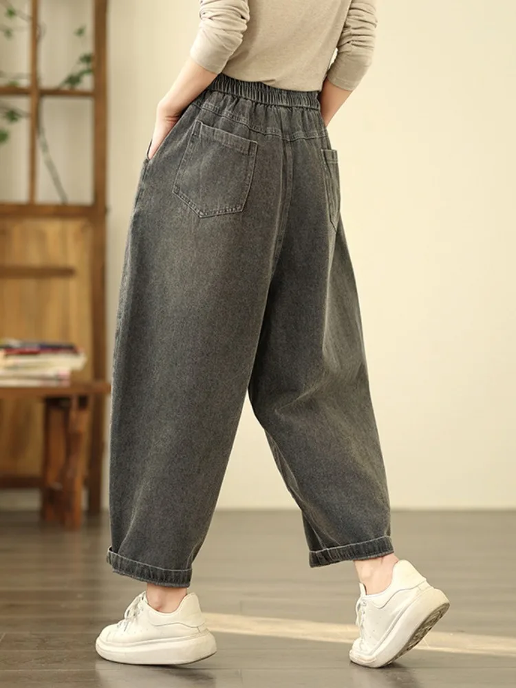Celana Jeans Wanita Ukuran Besar Model Retro, Pinggang Elastis, Model Harlan, Celana Panjang Pelangsing, Celana Kasual Pinggang Tinggi untuk Musim Panas