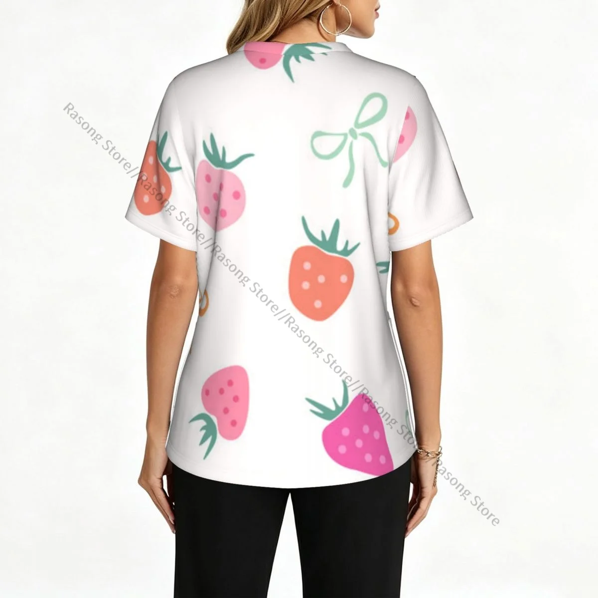 Strawberry And Bows Pattern Scrubs tops medical uniforms women V Neck Stretch Scrub Shirt Dentist doctor Blouse