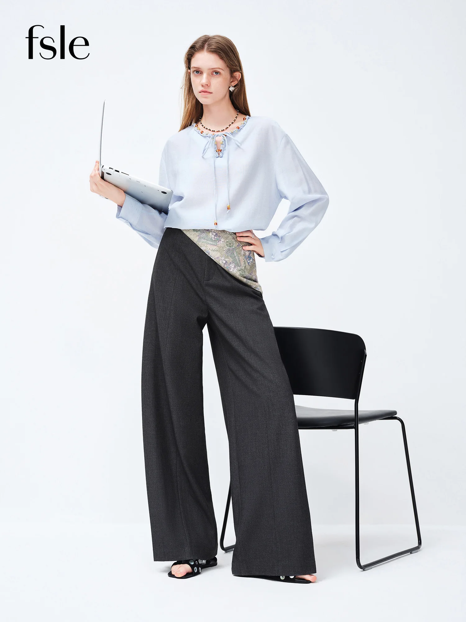 FSLE 2026 Spring Women's Wide Leg Trousers Wool Blend Acetate Pants High Waist Office Chic Pant Versatile Minimalist Soft Pants