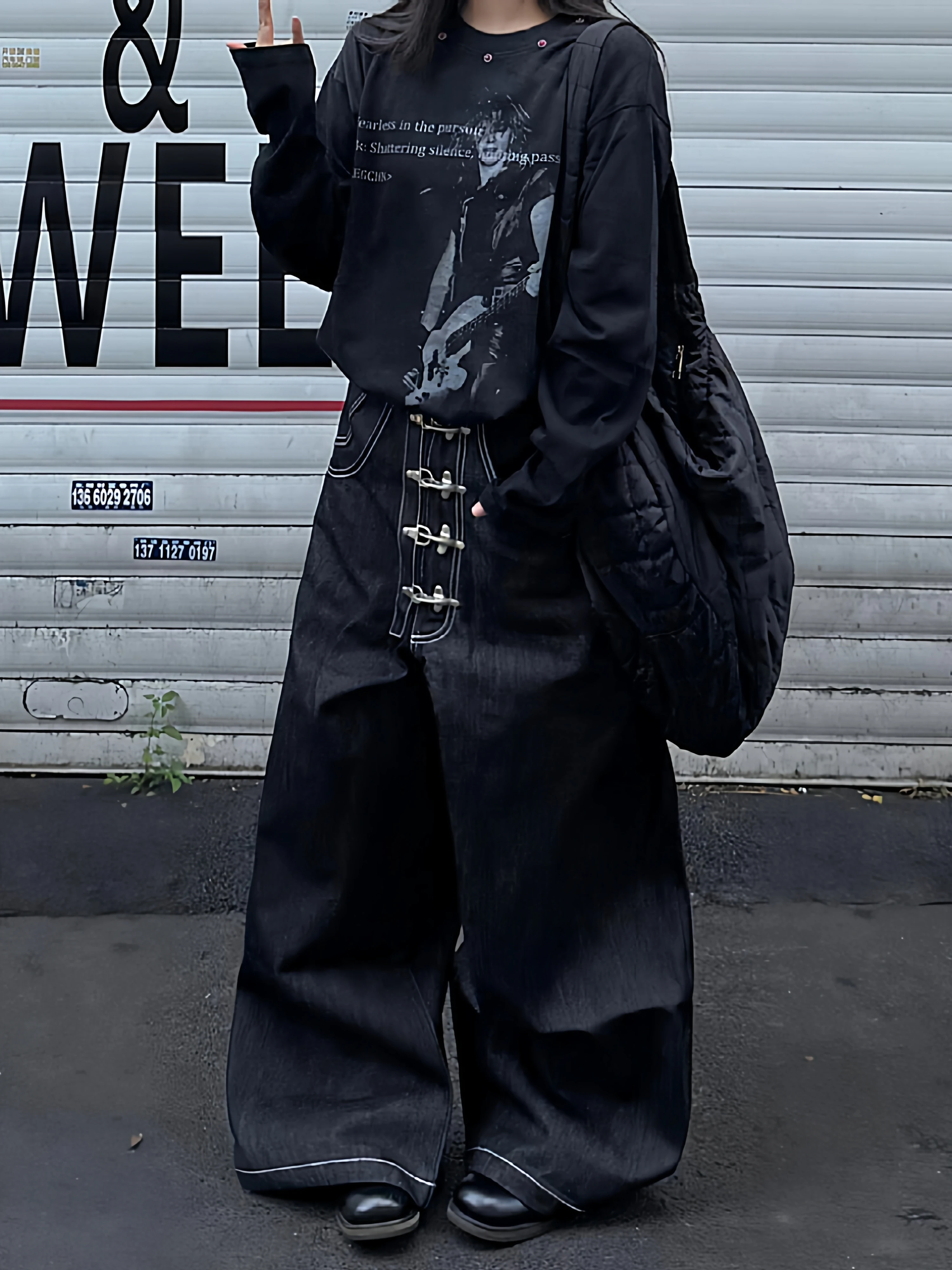 

Американские винтажные прямые черные джинсы с высокой талией, женские повседневные уличные брюки, мешковатые Y2K, широкие джинсовые брюки в стиле гранж