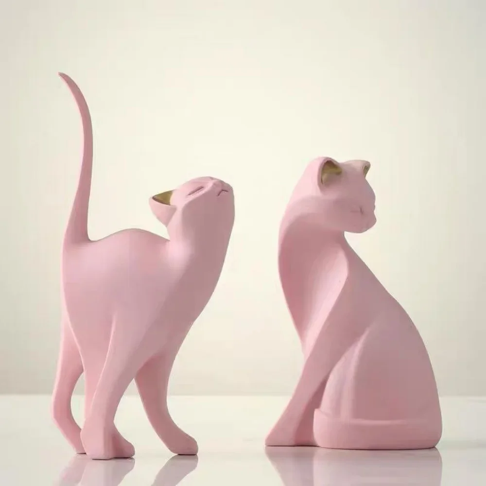 Resin Creative Curious Cat Sculpture Adorable Tail-Up Kitty Home Decor Figurine,White and Pink Modern Home Shelf Desk Decor