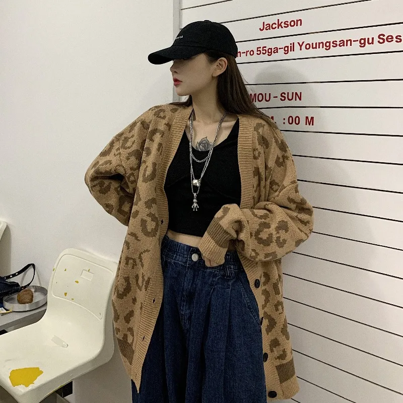 Women Cardigans Leopard All-match Vintage Sweaters Harajuku Baggy V-neck Single Breasted Jumper Mujer Lazy Knitwear Couples Chic