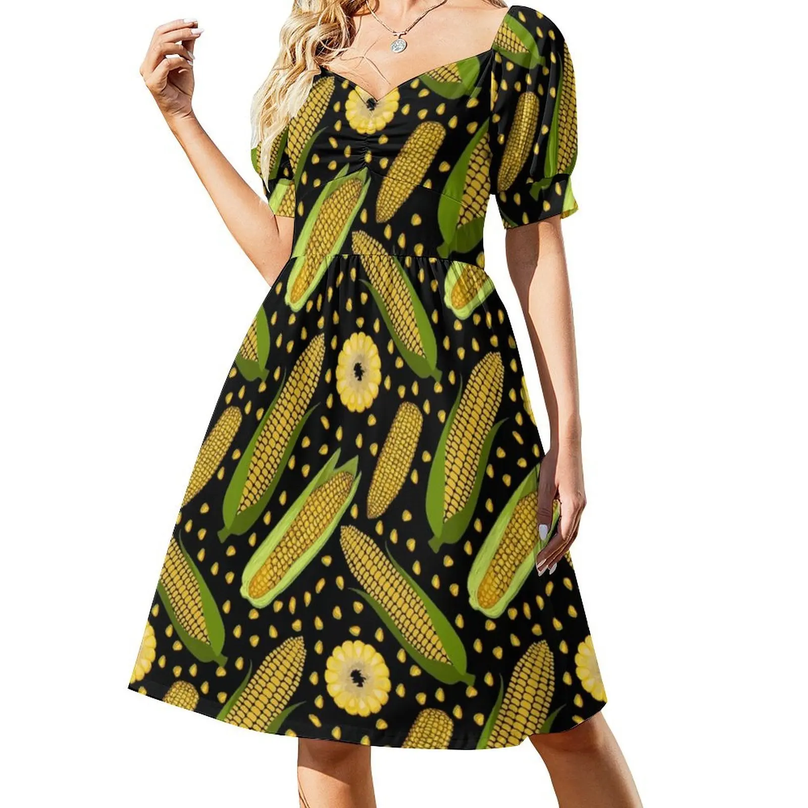 Gaun Smock Bermotif Jagung untuk Wanita Gaun Kasual Musim Semi Musim Panas untuk Pesta Pecinta Motif Jagung Wanita Bermotif Jagung