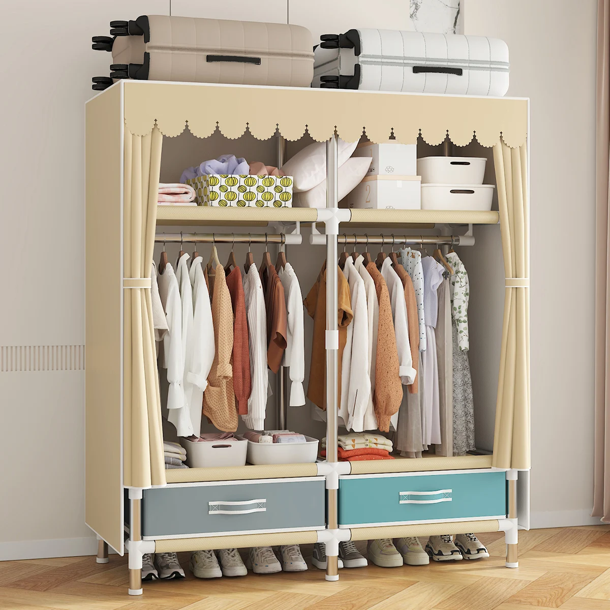 Simple Clothes Storage Wardrobe With a Dustproof Cover With Drawer,Ample & Versatile Storage for Home, Dorm, and More