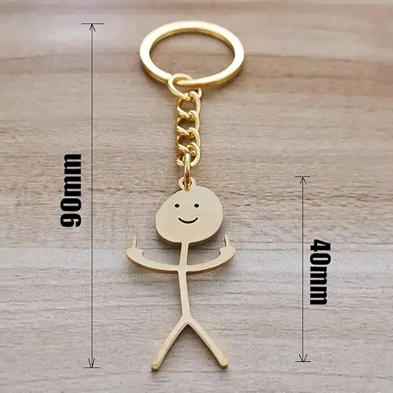 Gold Funny Smiley Stick Figure Middle Finger Metal Keychain Total Length 90mm Pendant Height 40mm Novelty Bag Accessory Gift