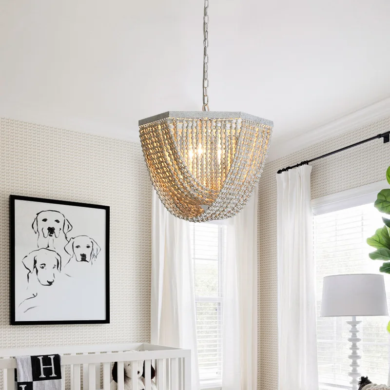 American Country Pendant Lights Hand Carving Wooden Bead LED Chandelier Living Room Clothing Store Homestay Atmosphere Fixtures