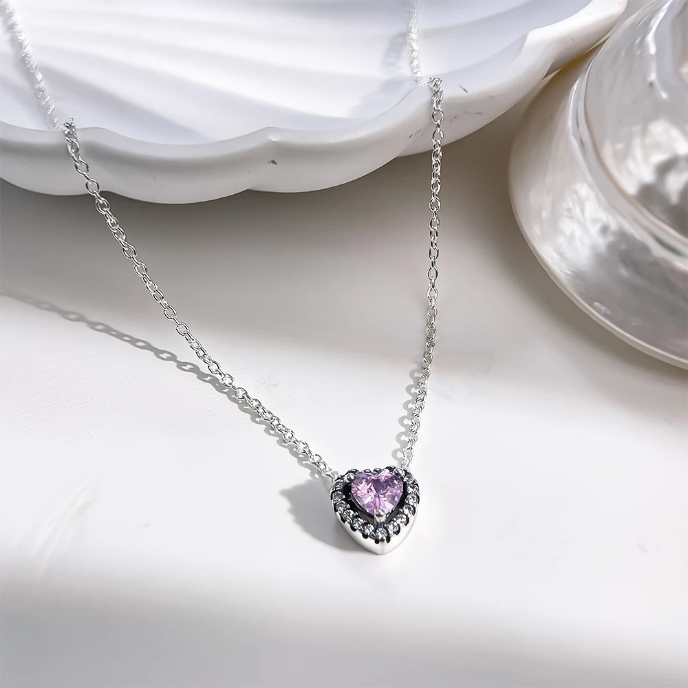 Sterling 925 Silver Pink Shiny Love Full of Diamond Zestaw biżuterii Seria Charm Pierścionek Naszyjnik Kolczyki Kobiety Wykwintny prezent jubilerski