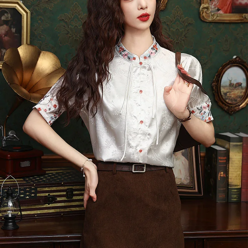 2024 New Women\'s Summer Chinese Style Traditional Embroidery with Retro Style Stand Collar Fashion Versatile Casual Half Sleeve