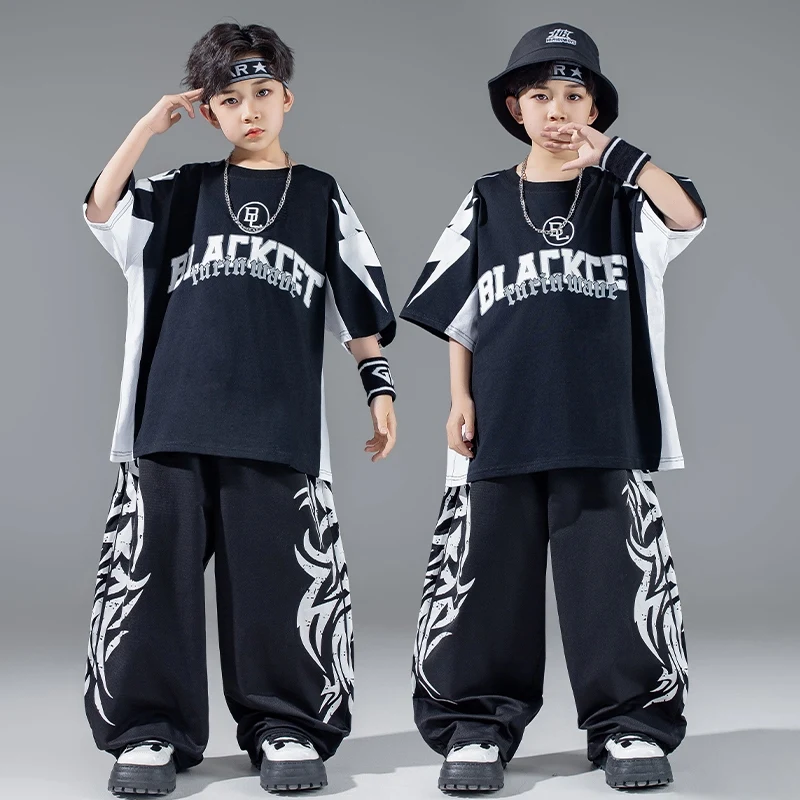 

2025 Boys Black Loose T-Shirt Hiphop Pants Street Dance Hip Hop Clothing Girls Fashion Jazz Dance Performance Costumes DQS19545