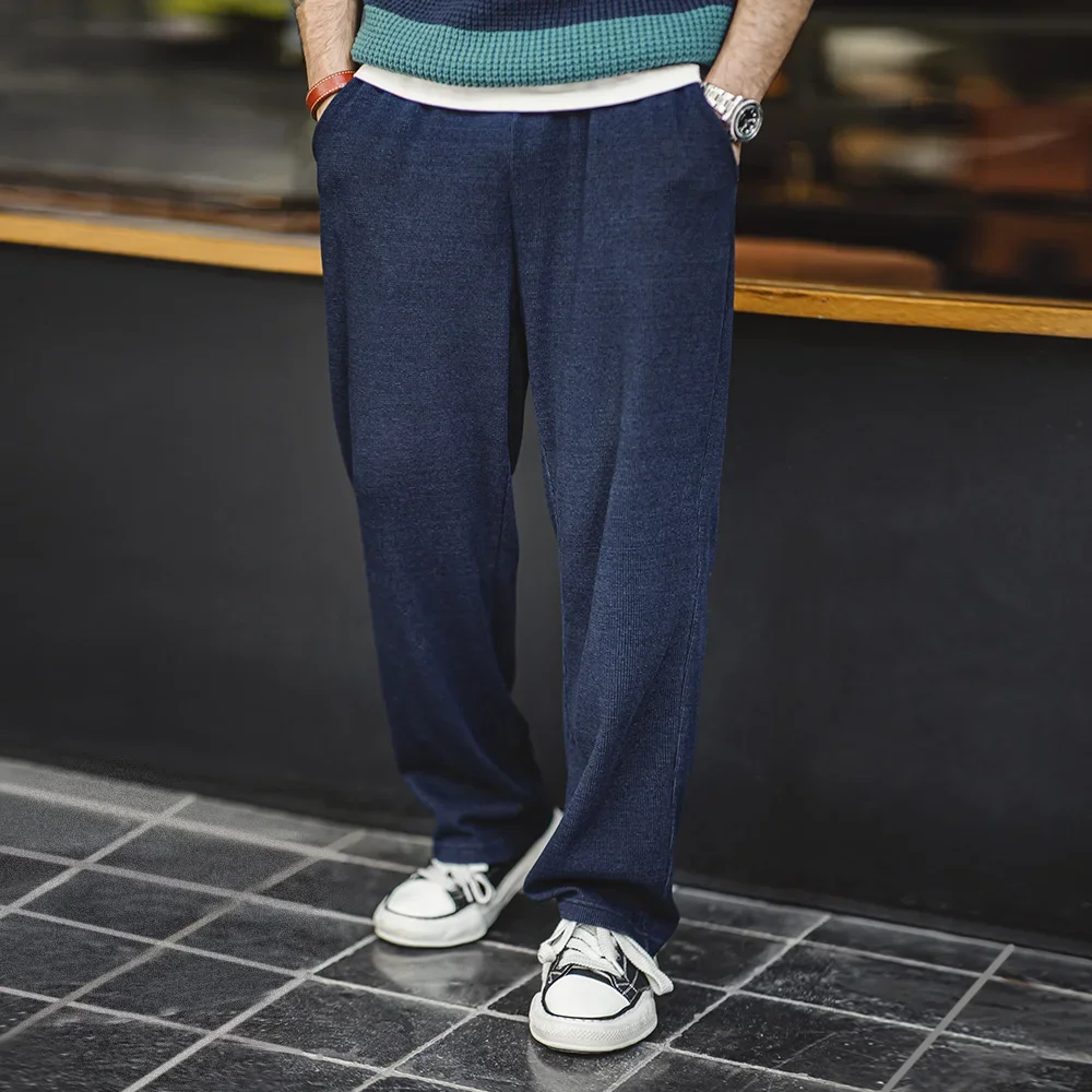 Maden Vintage Loose Fit Knit Waffle Sweatpants Men's Straight Solid Pants with Elastic Waist and Drawstring Trousers for Autumn