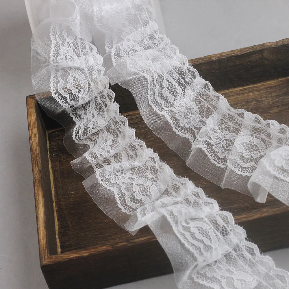 1.96 X 39.3 in White Black Double Layers Ruffled Chiffon Lace Trim Fabric Sewing Crafts Wedding Bridal Dress Party Clothes Decor