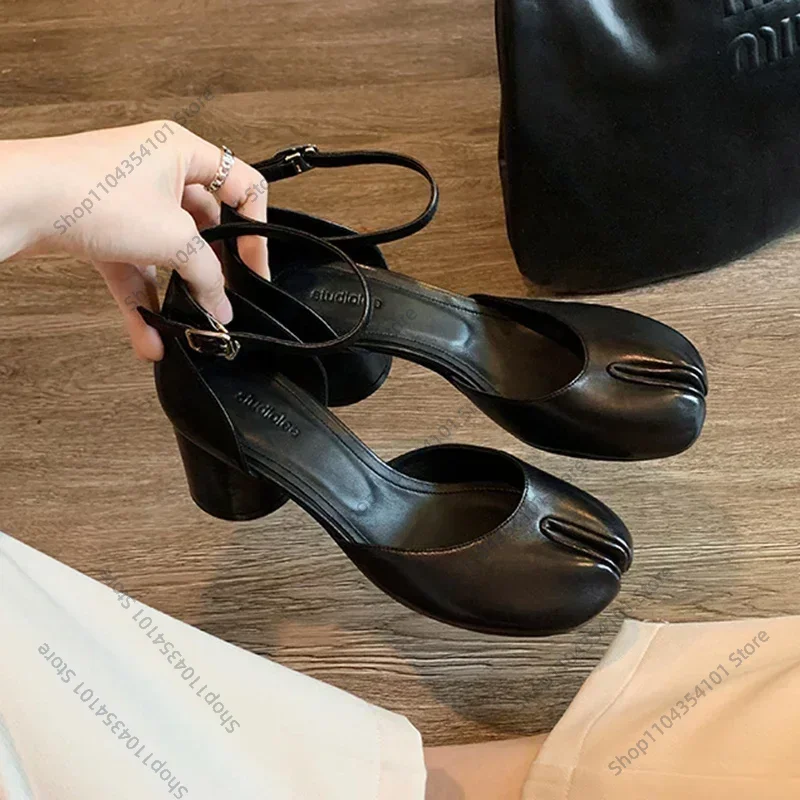 

Modern Heels Pumps Women Round High Heel Leather Square Split Toe Pumps Shoes Spring Summer Sandals Mary Janes Shoes Heels Women