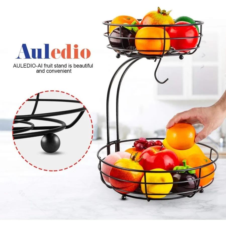 Cesta de almacenamiento de frutas y verduras para encimera, color negro, 2 niveles, con colgador de plátano para organización de cocina, capacidad de 64 onzas, Ideal para