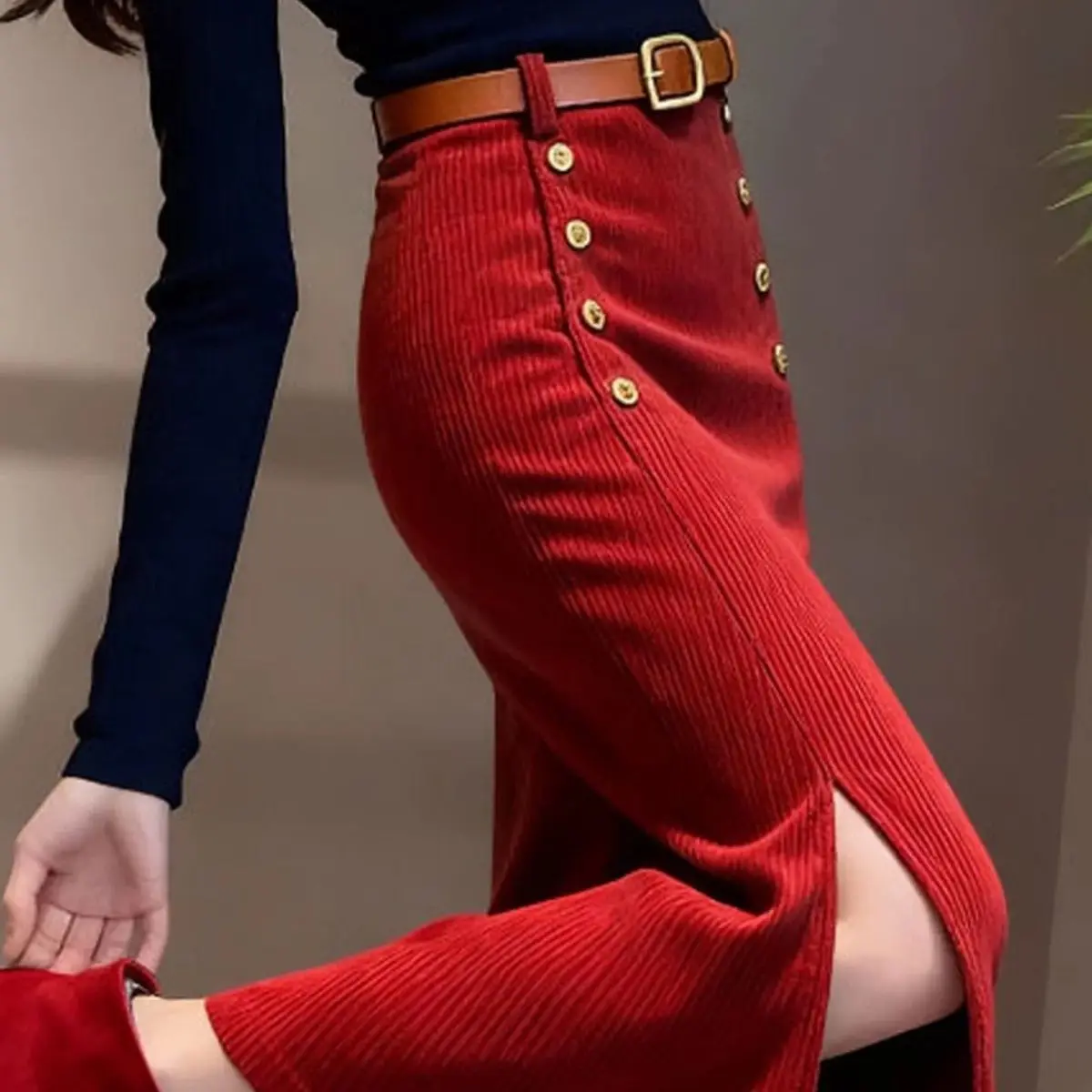 French purple corduroy hip skirt women's autumn and winter straight good-looking split-ended chenille long skirt