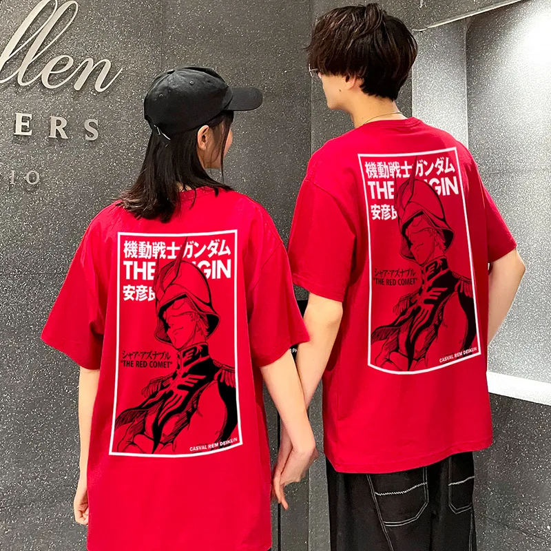 Anime japonês soldado móvel gundam manga curta vermelho cometa xiaya camiseta masculina e feminina roupas periféricas bidimensionais