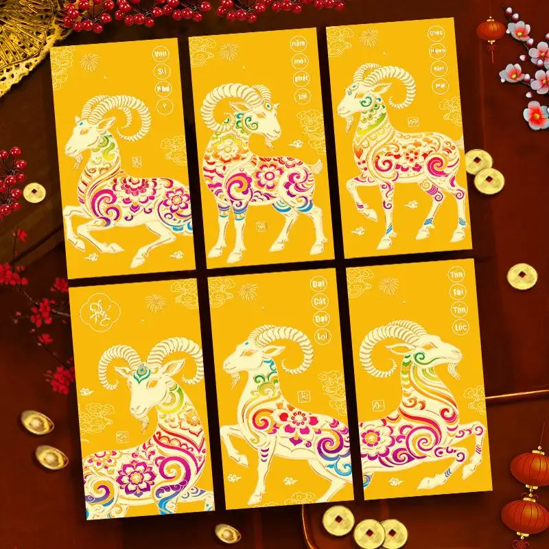 Vietnamese Lunar Tet Festival Gift Supplies 6Pcs Year Of The Goat Red Envelopes Fine Printed Patterns Lucky Cash Money Packets