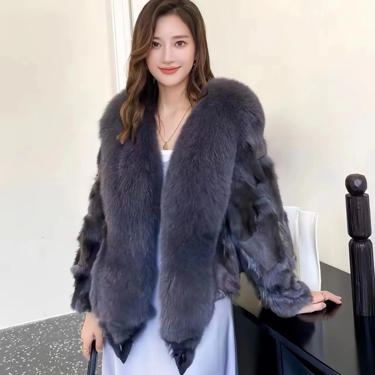 Real Fur Coats for Women, Fox Fur Collar, Long Jacket, Female Loose Jacket, Thicken Warm Clothes, High Quality, New, Winter