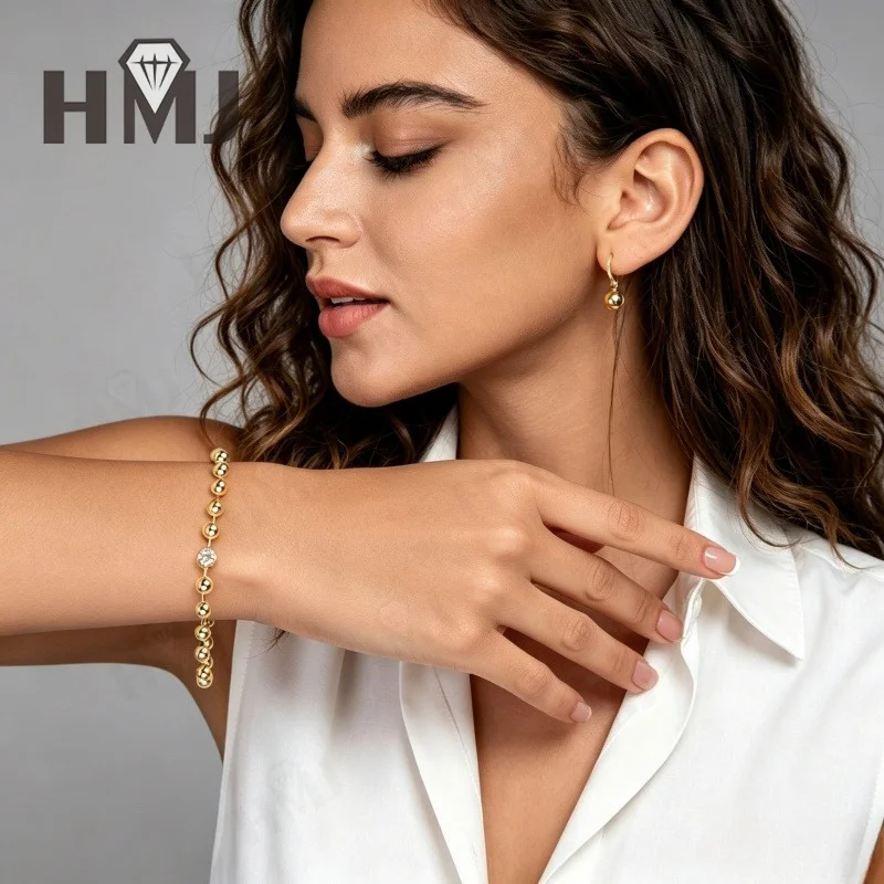925 Sterling Silber Armband Goldfarben Perlenkette Moissanit 21cm Elegantes Hochzeits- und Partygeschenk Stilvoll für Damen Feiner Schmuck – Detail 4