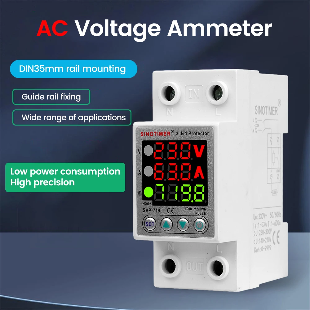 

35mm Din Rail LED Display Adjustable Over Voltage Current and Under Voltage Protective Device Protector Relay 40A 63A 220V 230V