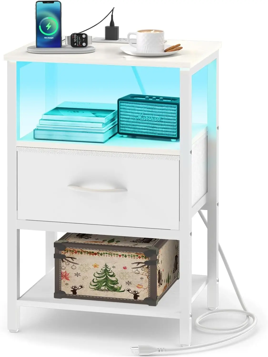 

White Night Stand with Charging Station, LED Nightstand for Bedroom, Bedside Tables