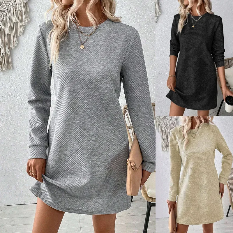 

2024 Autumn Dress Diagonal Grid Texture Round Neck Long Sleeve Casual Women's Wear Vestidos De Fiestas Elegantes Mujer