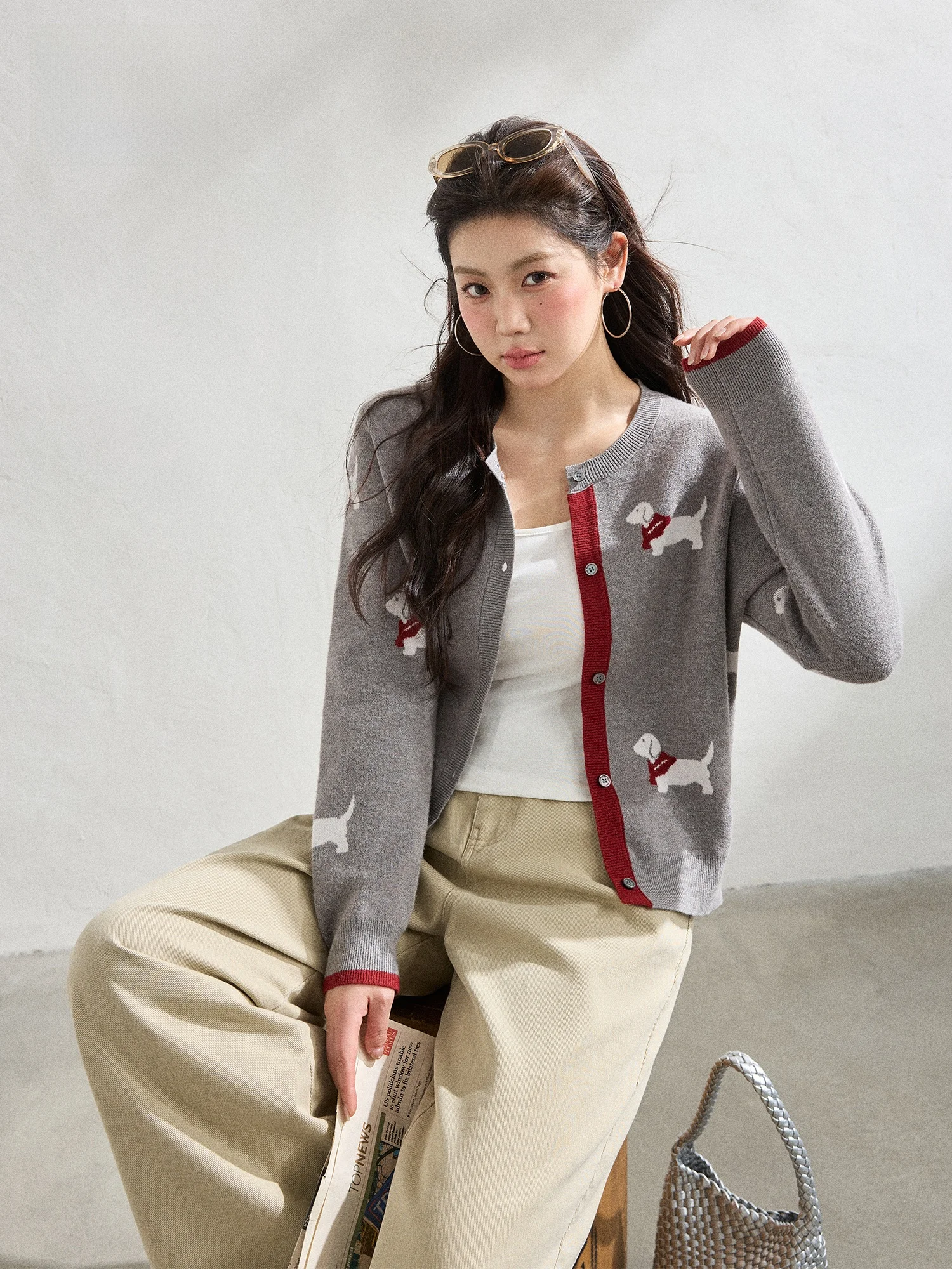 

plus Size Knitted Dog Pattern High Waist Wide Leg Pants Set Korean Sle Faion for Plump Women Spring Casual Comfortable