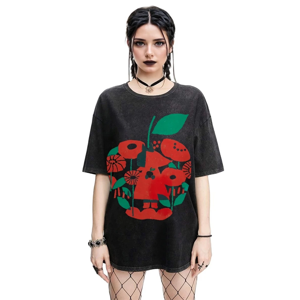 

Y2K Clothes Apple Girl Oversize Tee All-Cotton, High-Quality Oversize Washed Tee Red Apple Floral Girl Artistic Y2K Trend