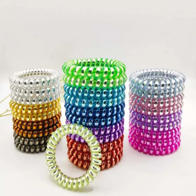 New Candy Color Telephone Cord Elastic Hair Rope Bright Silver Spiral Rope Rubber Band Girl Hair Band Elastic Headband