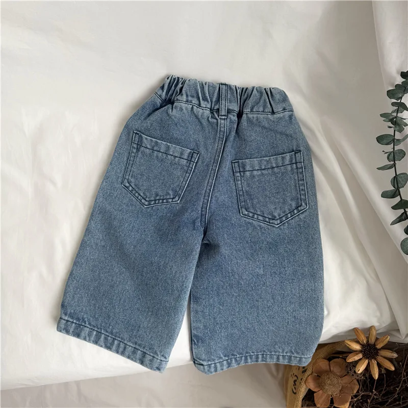 2026 Autumn New Children Loose Denim Trousers Solid Girls Fashion Jeans Boys Splicing Straight Leg Casual Pants Kids Clothes