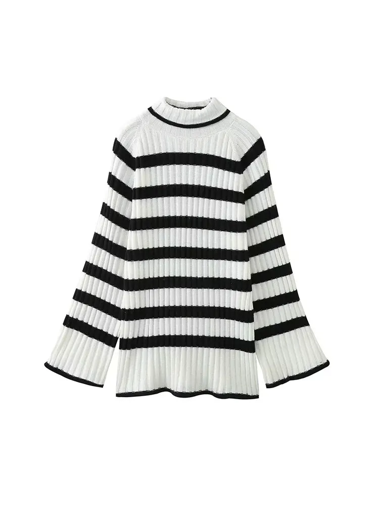 TRAF 2023 Autumn Striped Knitted Women Sweater Turtleneck Sweaters Woman Long Sleeve Pullover Streetwear Fashion Knitwear Top