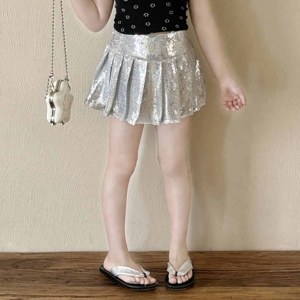 Girl Half Skirt Dress 2024 Summer New Girls Sequin Skirt Korean Style Children Pleated Skirt Anti-slip Skirts Birthday Skirts