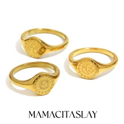 MamacitaSlay Waterproof 316L Stainless Steel Creative Engraving Moon Star Godness Design Signet Ring Gold Plated Rings For Woman