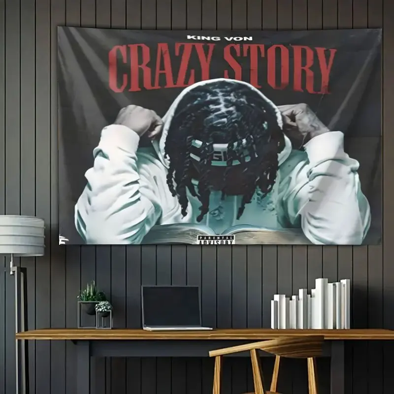 Hip-Hop Music Room Tapestry, King Von Album Art Print for Rap Studio Gaming Room Vibe Wall Hanging