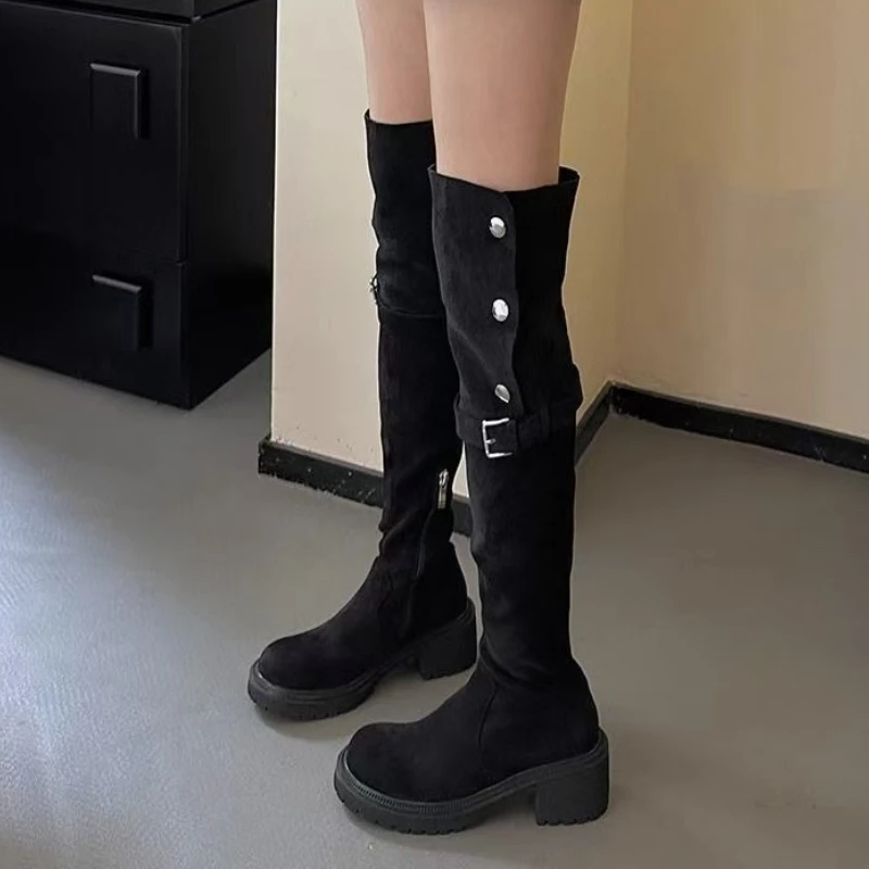 

High Boots Women Suede High Heels Shoes Elegant Over The Knee Chunky Fashion Boots Gladiator New Winter Shoes Woman Botas Mujer