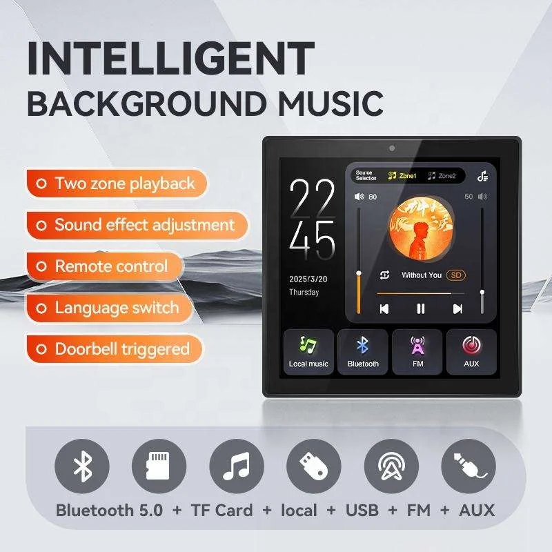 4'' Background Music Host with 2 Zones Playback 4*25W Intelligent Bluetooth Wall Amplifier Touch Screen Music Volume Controller