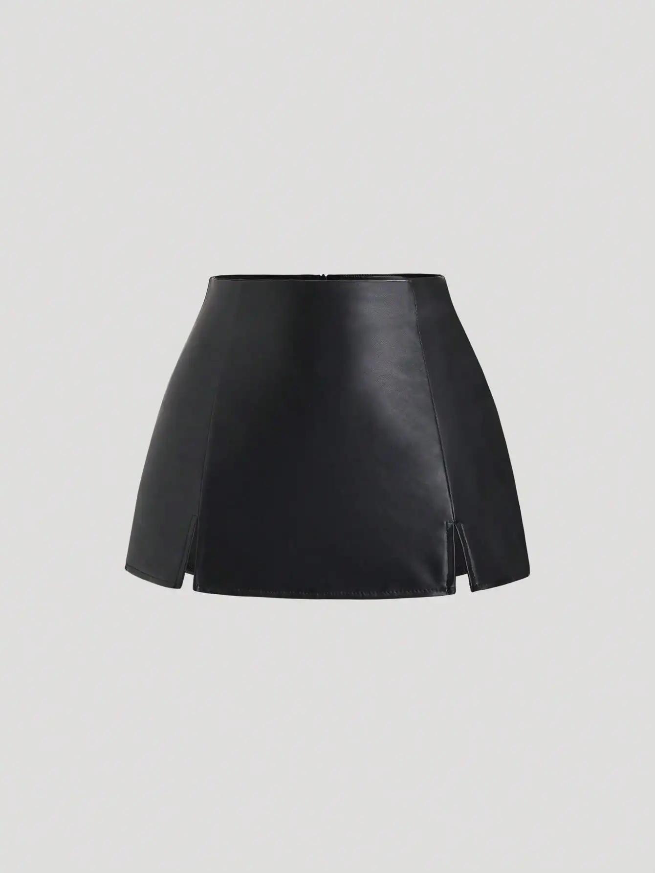 

Черная мини-юбка А-силуэта из искусственной кожи с боковыми разрезами для женщин